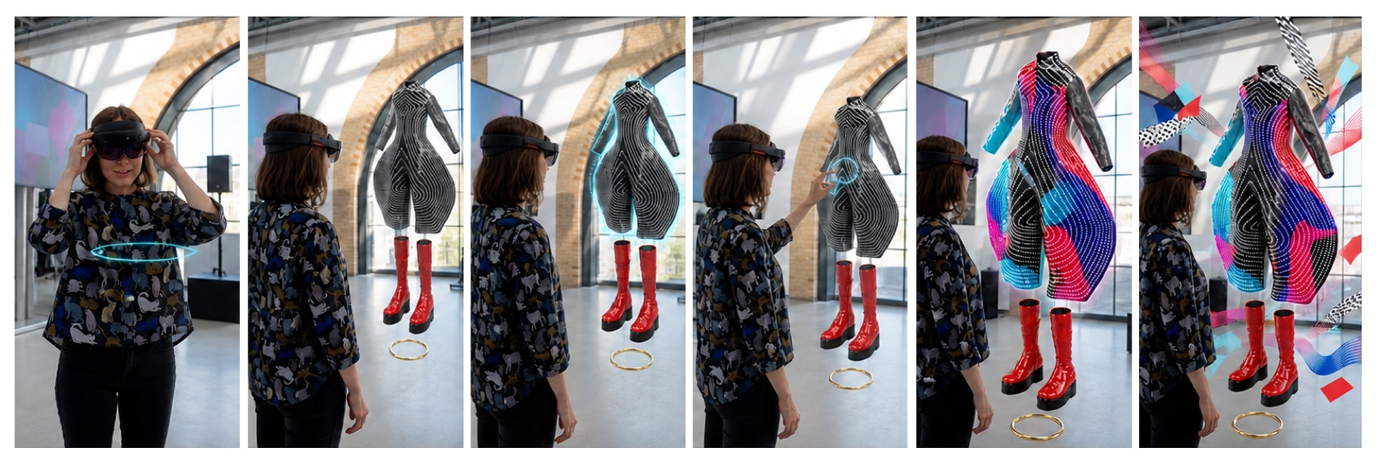 Six-step sequence: putting on the headset, the costume appearing, highlighting, selecting and moving