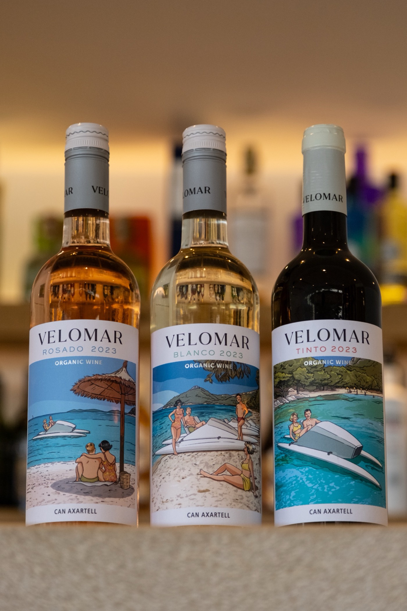 Velomar bottles on a restaurant table